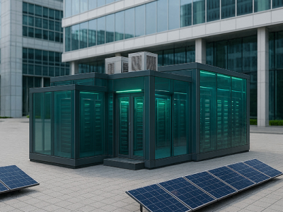 Edificio aziendale moderno con vetrate, sovrapposto a grafica di server data center blu luminosi