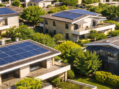 Anteprima articolo vista aerea di area urbana con impianto fotovoltaico per Comunità Energetica